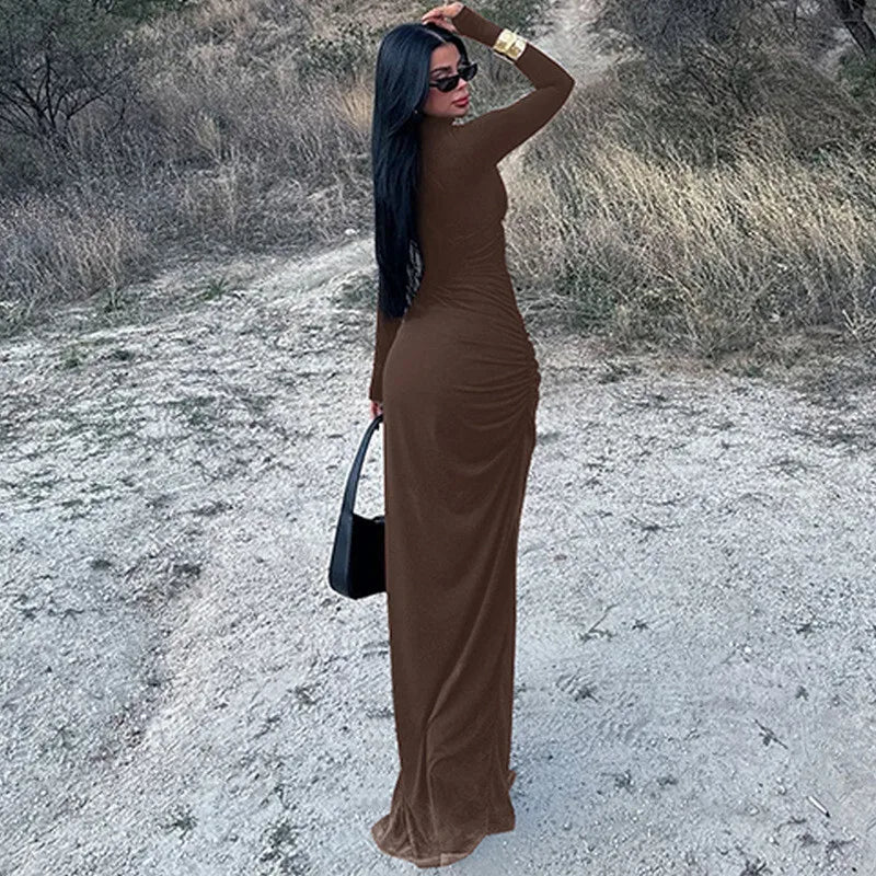 Maxi Dress with Ruching, Turtleneck, and Deep Slit - Sasha