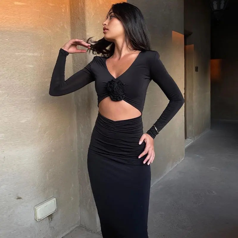 Elegant Midi Dress with Floral Detail and Slit - Chulia