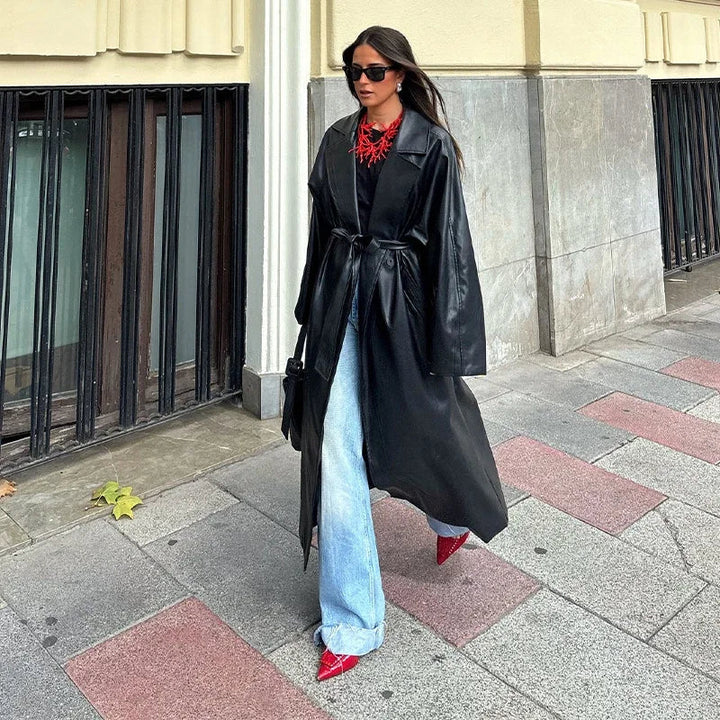 Long Leather Coat with Tie Belt - Sol