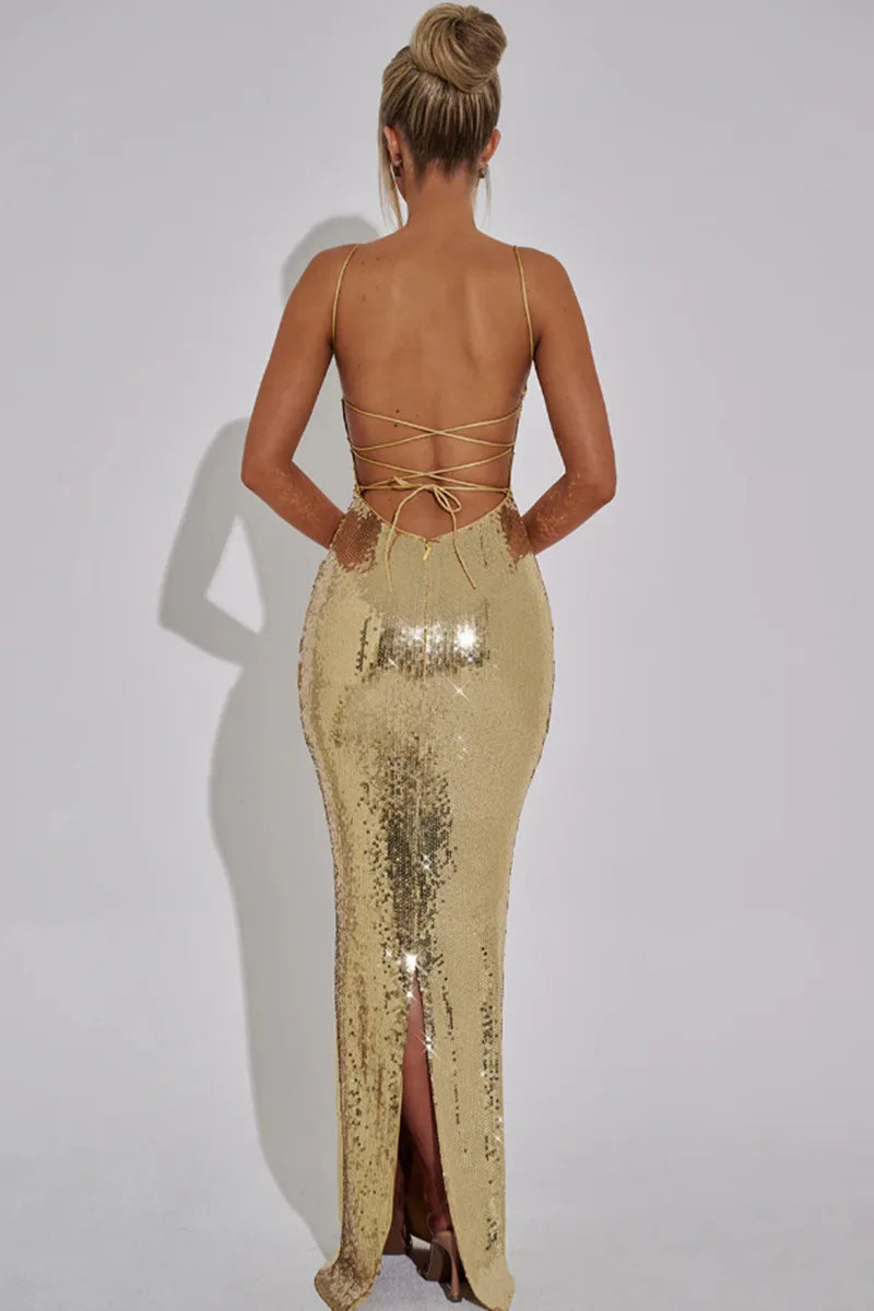 Sparkling Sequin Maxi Dress with Back Ties - Josie