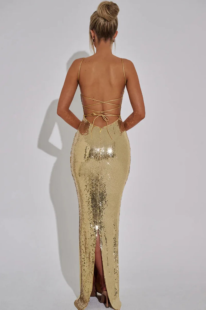 Sparkling Sequin Maxi Dress with Back Ties - Josie