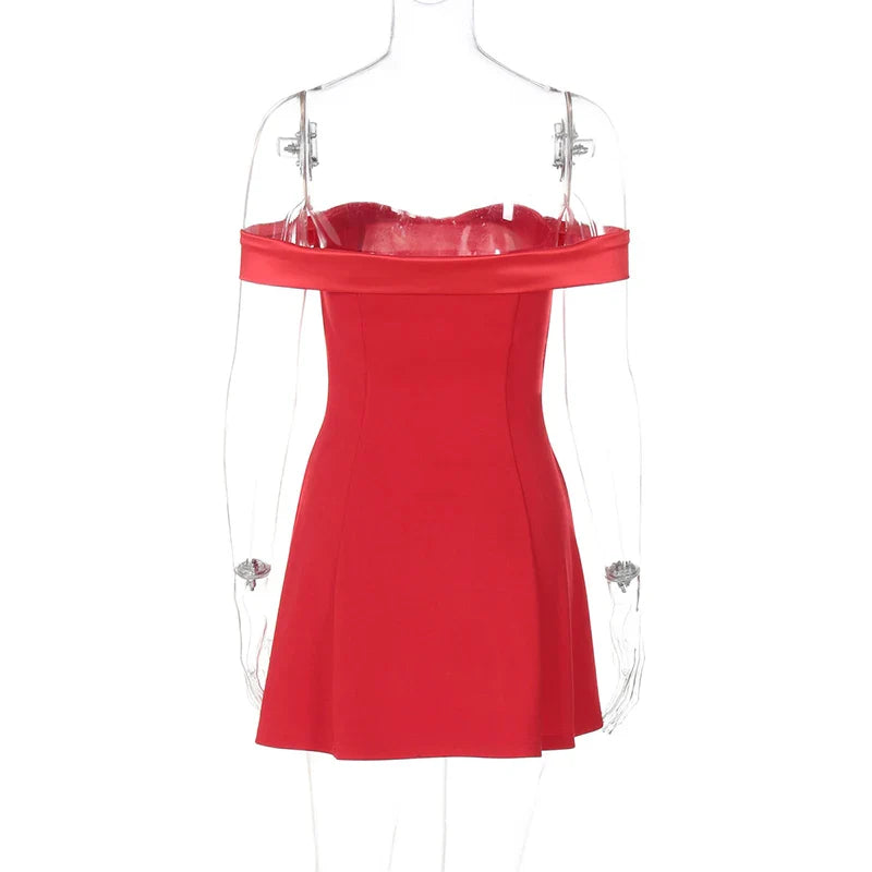 A-Line Mini Dress with Off-Shoulder Satin Straps - Natalia