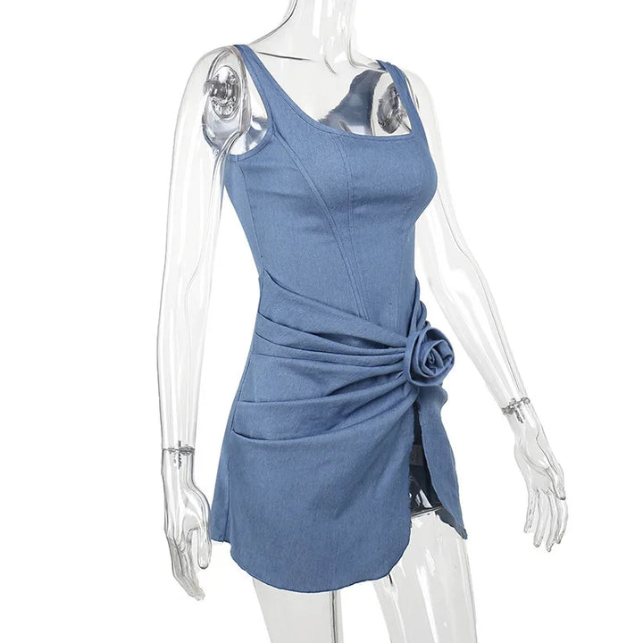 Denim mini dress with corset design and flower detail - Priel