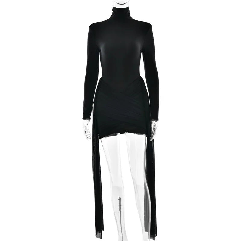 Mini turtleneck dress with chiffon ruched bottom, cross cut, and chiffon ruffle decoration - Marina