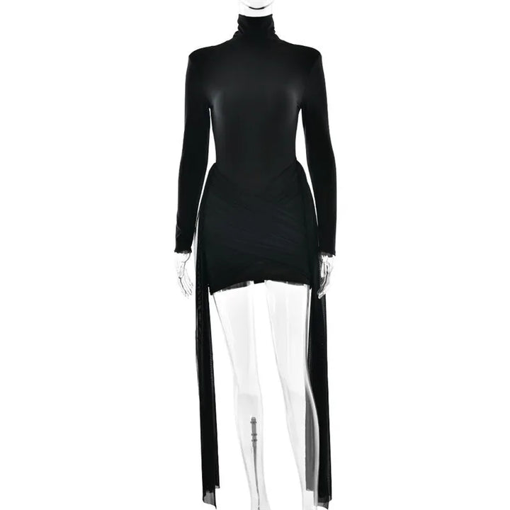 Mini turtleneck dress with chiffon ruched bottom, cross cut, and chiffon ruffle decoration - Marina