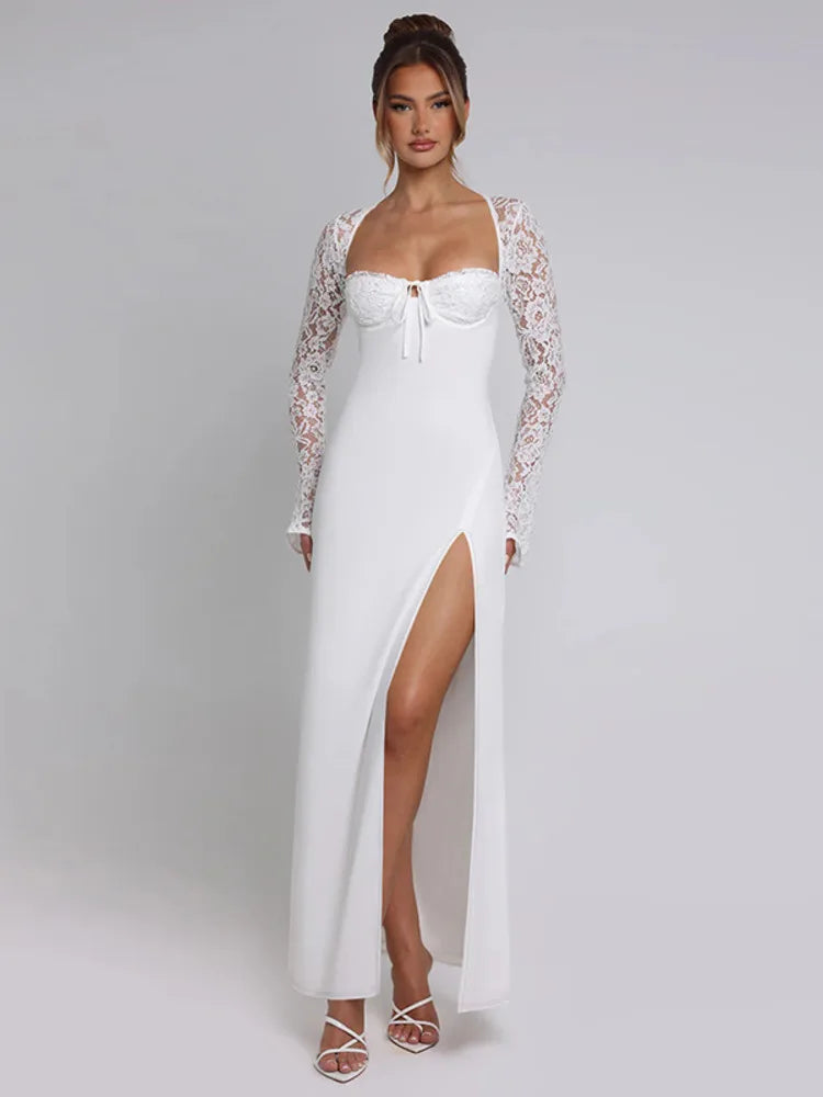 Maxi Dress with Slit and Lace Sleeves - Clarissa