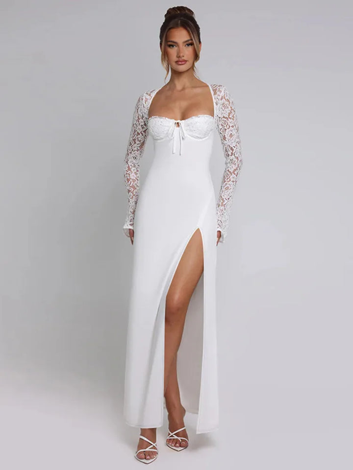 Maxi Dress with Slit and Lace Sleeves - Clarissa
