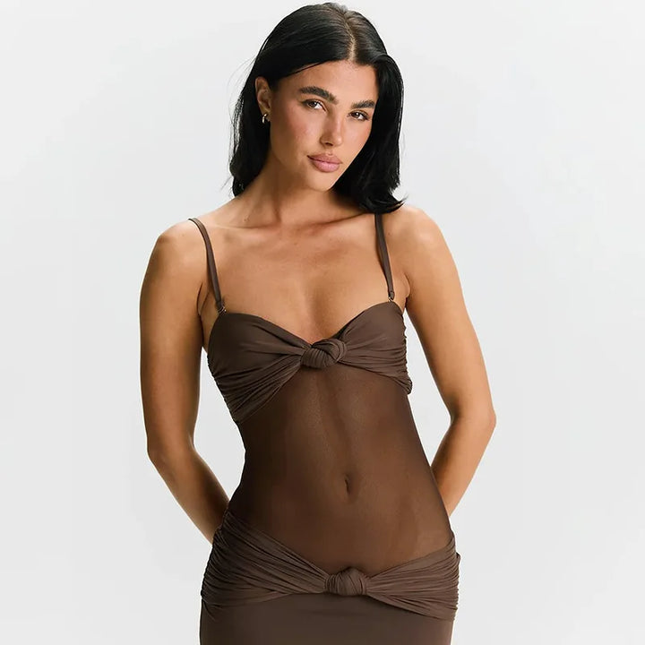 Maxi Dress with Removable Straps, Ruched and Mesh Design - Blair