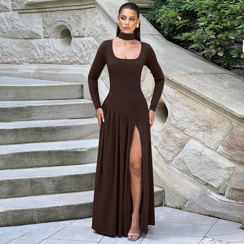 Elegant Maxi Dress with Slit and Scarf Decoration - RONA LI