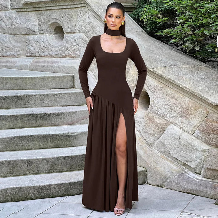 Elegant Maxi Dress with Slit and Scarf Decoration - RONA LI