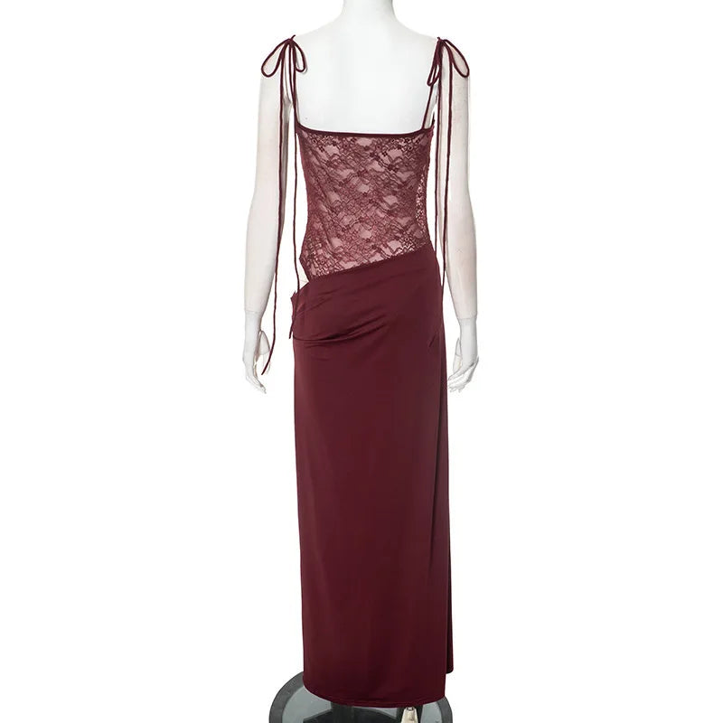 Elegant Maxi Dress with Lace and Tie Straps - Indigo