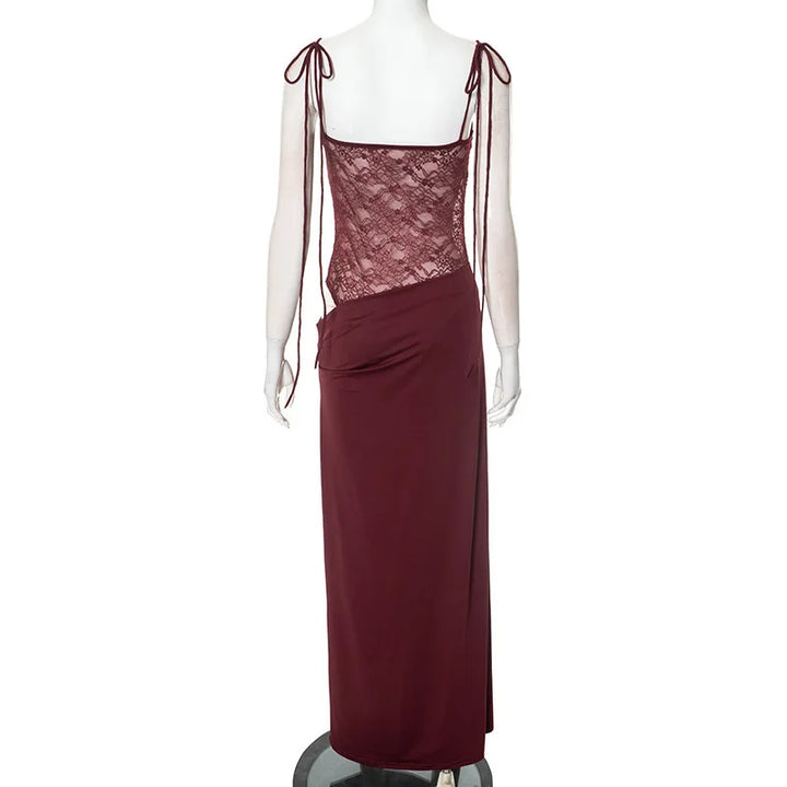 Elegant Maxi Dress with Lace and Tie Straps - Indigo
