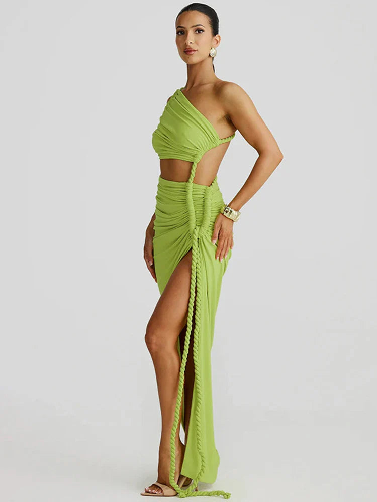 Maxi One-Shoulder Dress with Cutout and Slit, Braided Detail - Panama