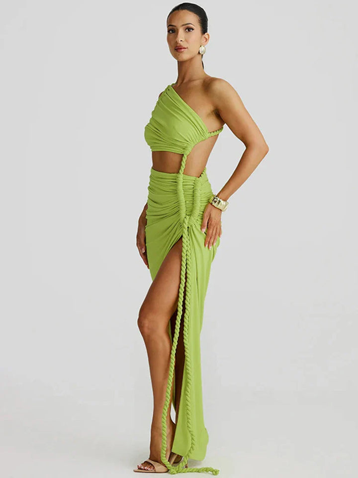 Maxi One-Shoulder Dress with Cutout and Slit, Braided Detail - Panama