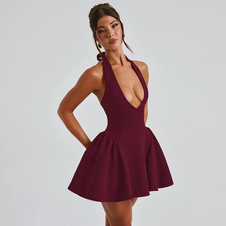 Mini A-line dress with V-neck and neck tie - Yolanda