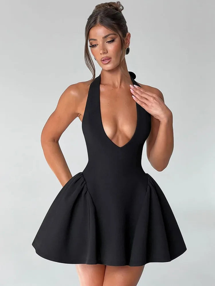 Mini A-line dress with V-neck and neck tie - Yolanda