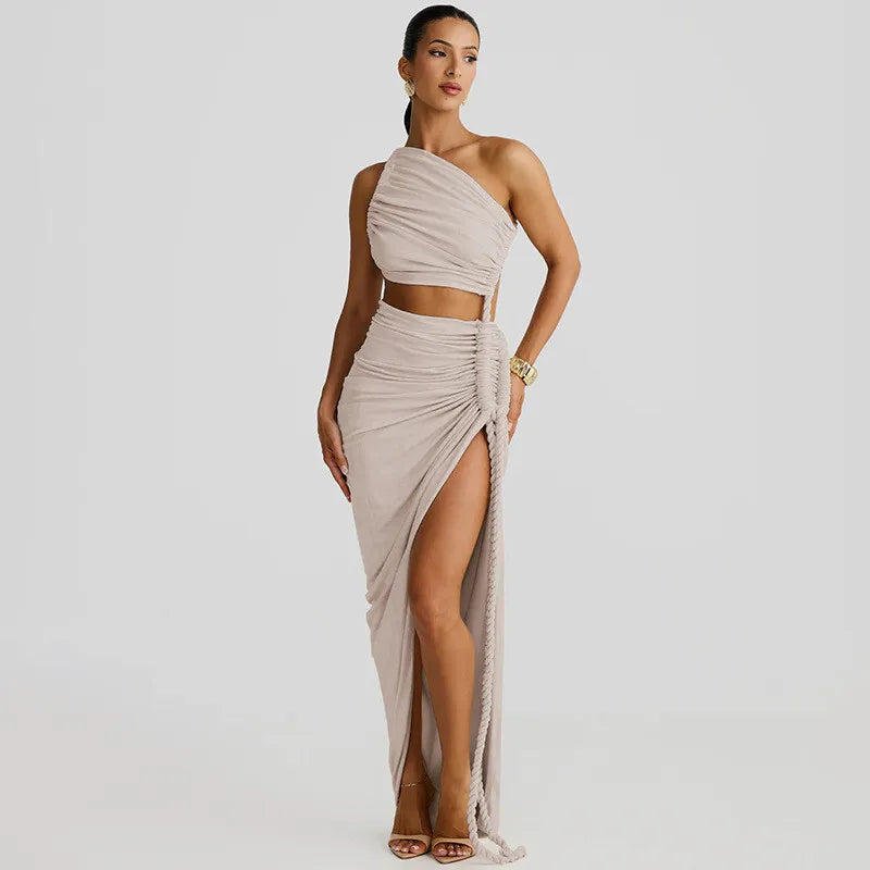 Maxi One-Shoulder Dress with Cutout and Slit, Braided Detail - Panama