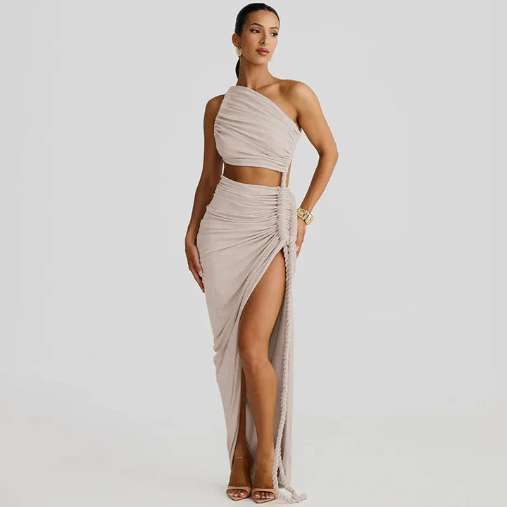 Maxi One-Shoulder Dress with Cutout and Slit, Braided Detail - Panama