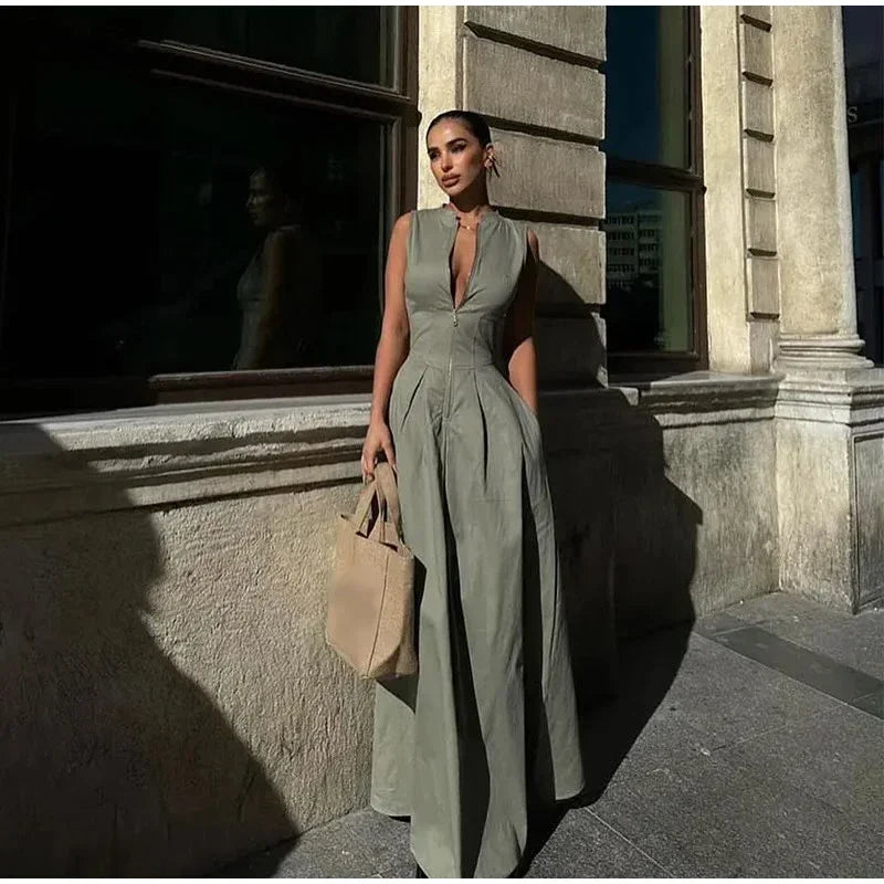 Tailored A-Line Maxi Dress with Front Zipper Closure - Adriana