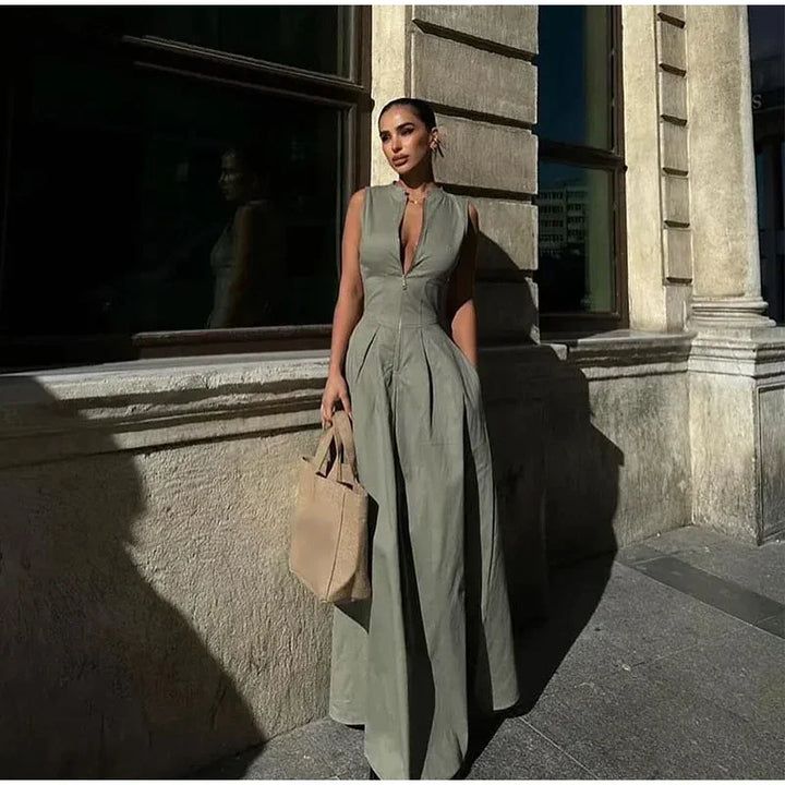 Tailored A-Line Maxi Dress with Front Zipper Closure - Adriana