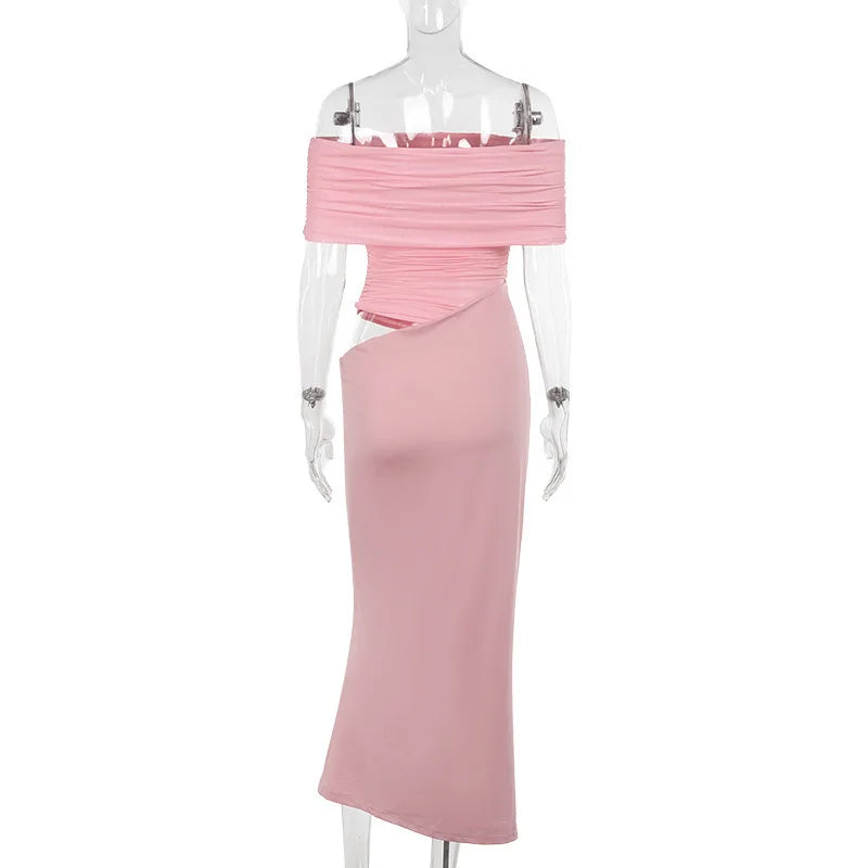 Maxi dress with ruching, mesh design and off-shoulder - Keshet