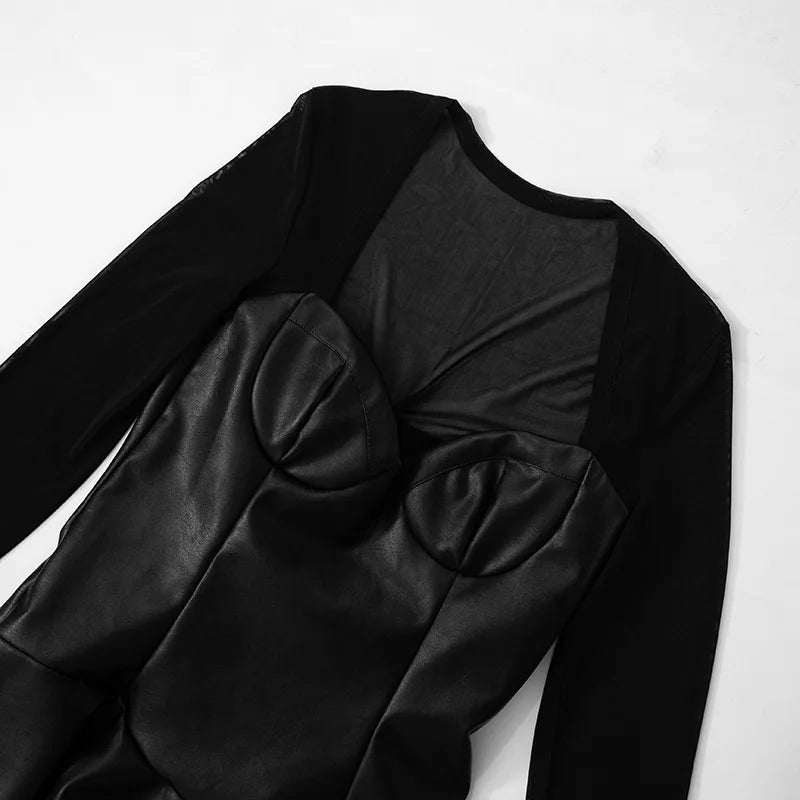 A-line faux leather mini dress with mesh sleeves - Ofek