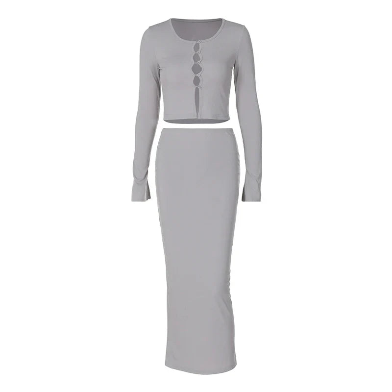 Knitted two-piece set: button-up shirt and fitted maxi skirt - MARIEL