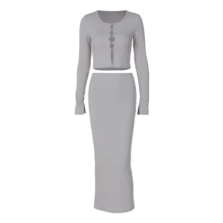 Knitted two-piece set: button-up shirt and fitted maxi skirt - MARIEL