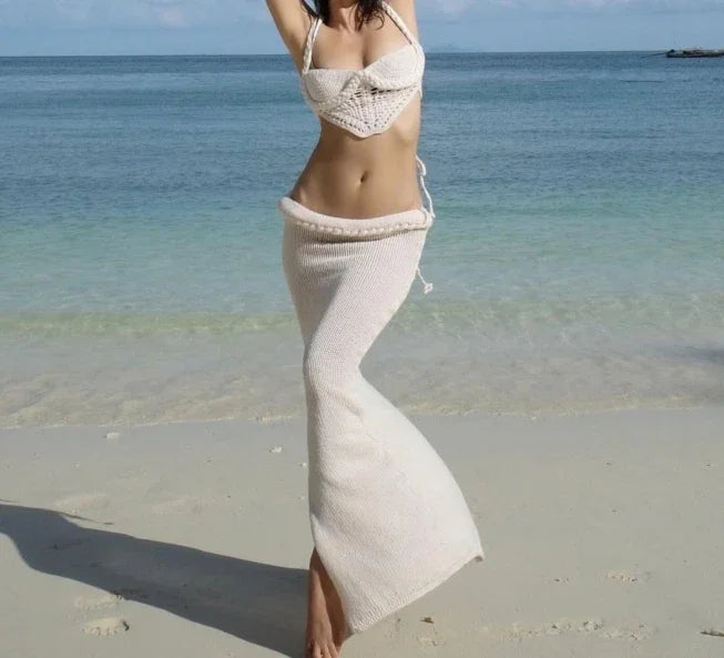 Two-piece crocheted beach set, top and maxi skirt - Aqua