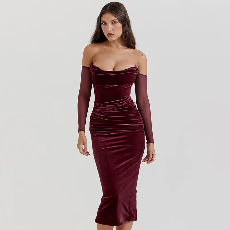 Velvet midi dress with pleats, off-shoulder, and mesh sleeves - Johanna