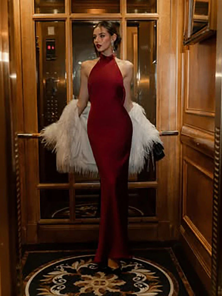 Maxi Satin Dress with Collar and Open Back - Aliya
