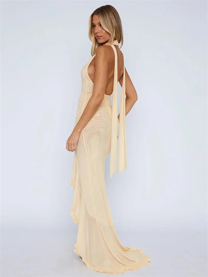 Maxi chiffon dress with ruffles and asymmetric design with matching scarf detail - Milka