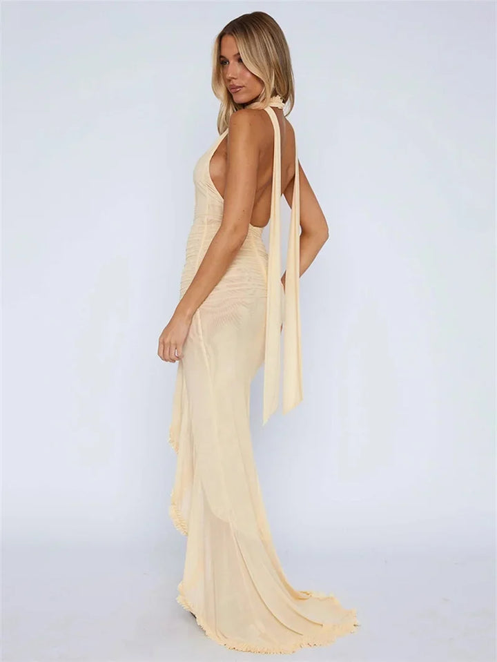 Maxi chiffon dress with ruffles and asymmetric design with matching scarf detail - Milka