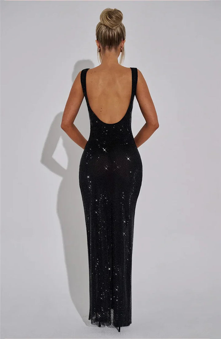 Mesh Maxi Dress with Sparkling Sequin Embellishment and Layered Skirt - Isla