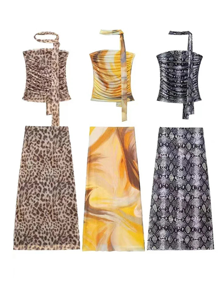 Two-Piece Chiffon Set with Strapless Top and Midi Skirt with Matching Scarf Detail - Liri