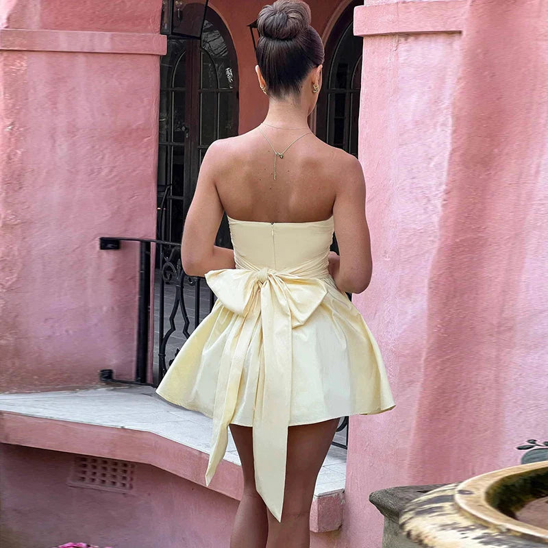 A-Line Strapless Mini Dress with Bow Tie Back - Arbel