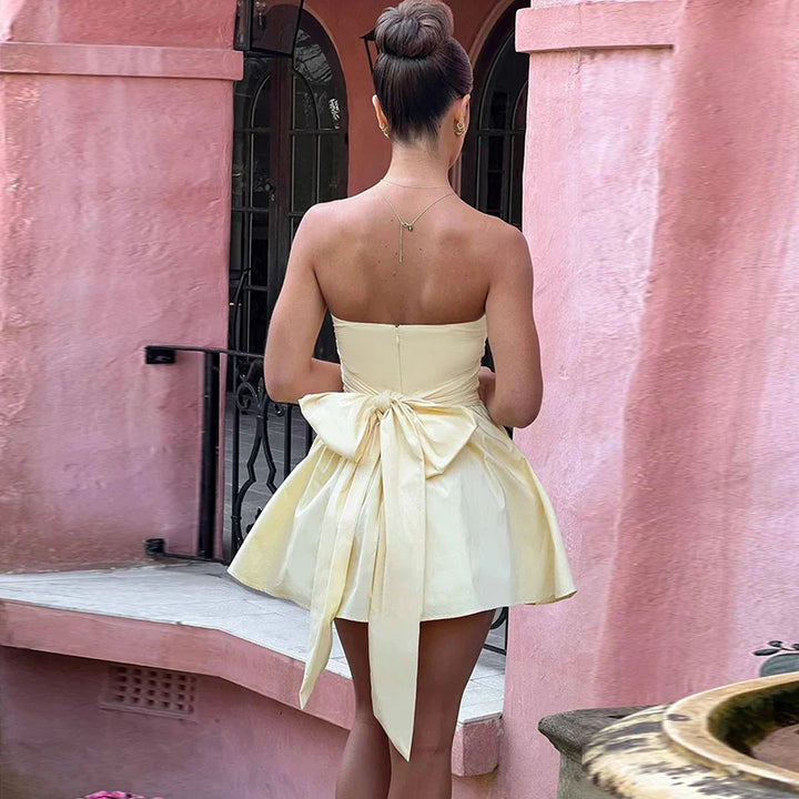 A-Line Strapless Mini Dress with Bow Tie Back - Arbel