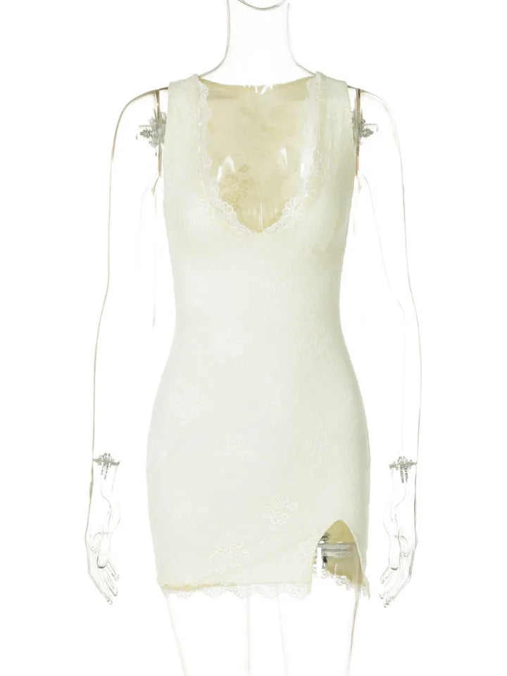 Fitted mini dress with lace, floral embroidery, and small slit - Neil