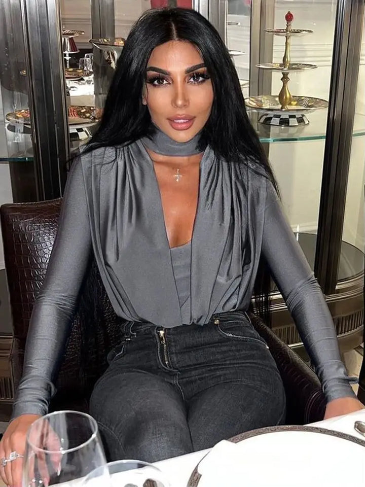 Bodysuit Top with Turtleneck and Deep Neckline - Minka