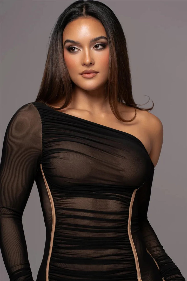 Midi ruched dress with asymmetrical neckline - LOV