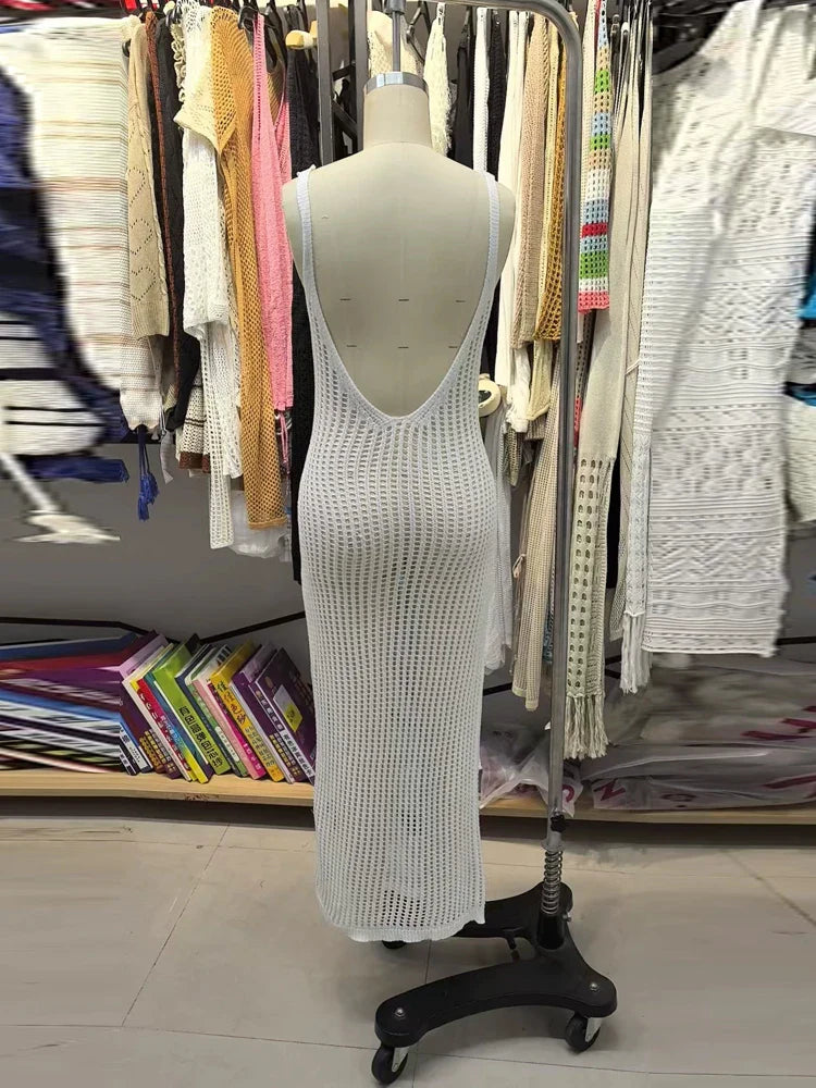 Maxi Beach Mesh Dress with Open Back - SUN