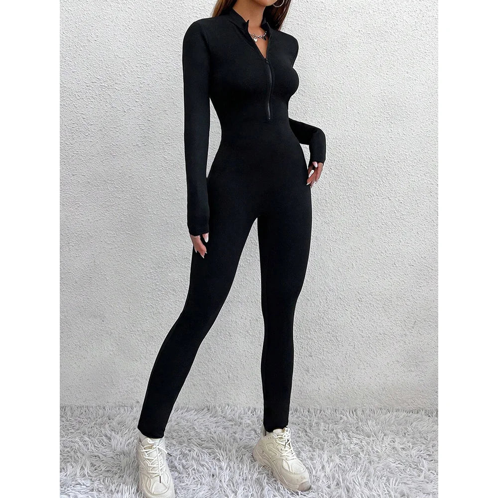Long fitted jumpsuit with shaping fabric and front zipper closure - Alisson