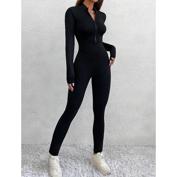 Long fitted jumpsuit with shaping fabric and front zipper closure - Alisson