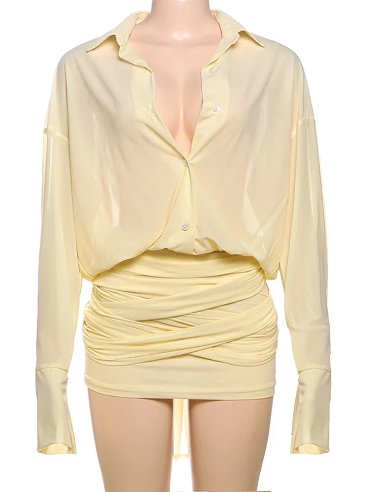 Chiffon Mini Dress with Pleated Design and Button Closure - Arabella