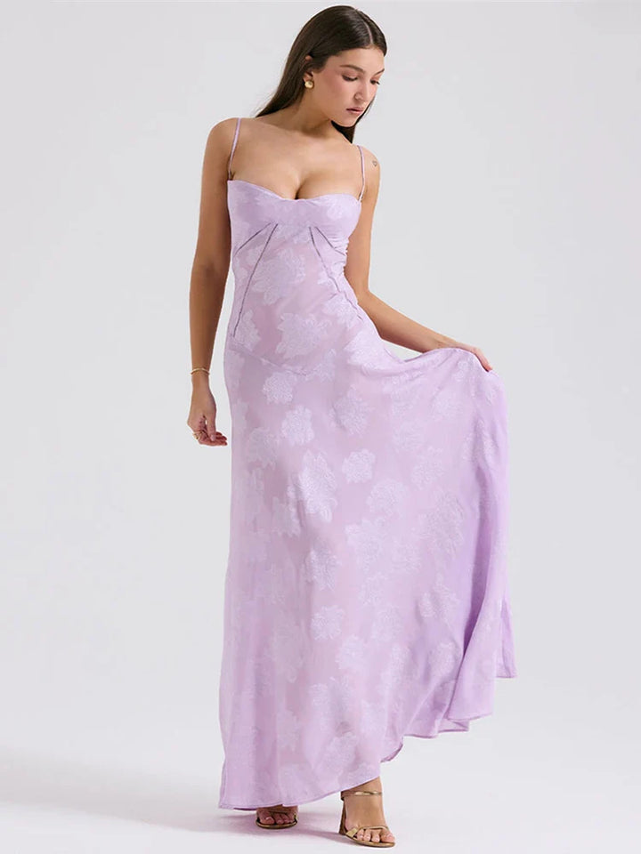 Maxi Dress with Floral Embroidery, Back Tie for Waist Fit - Millie