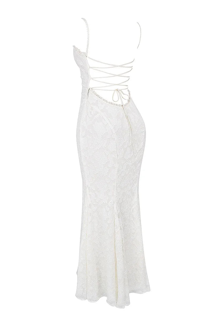 Chiffon Maxi Dress with Leaf Embroidery and Back Tie Design - BLANCA