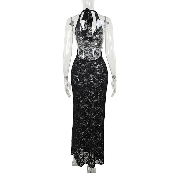 Lace Maxi Dress with Open Back and Draped Collar - Vanilia
