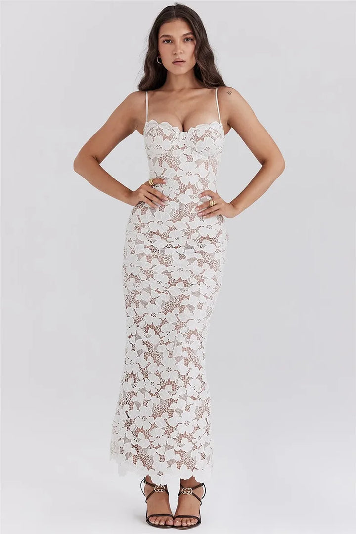 Lace Maxi Dress with Floral Embroidery and Back Ties - Veronica