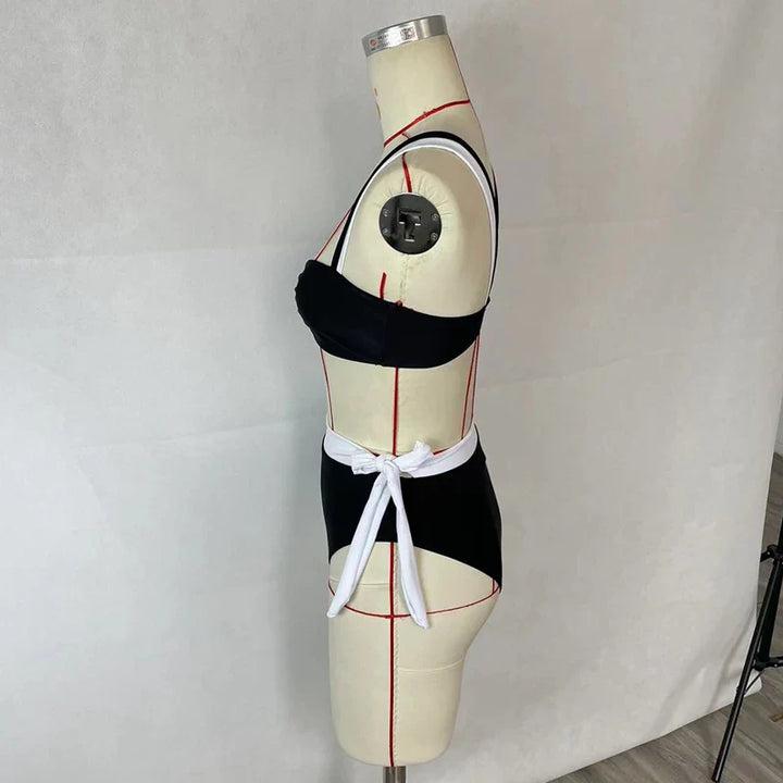 Monochrome Design Bikini with High-Waist Bottom - Aya