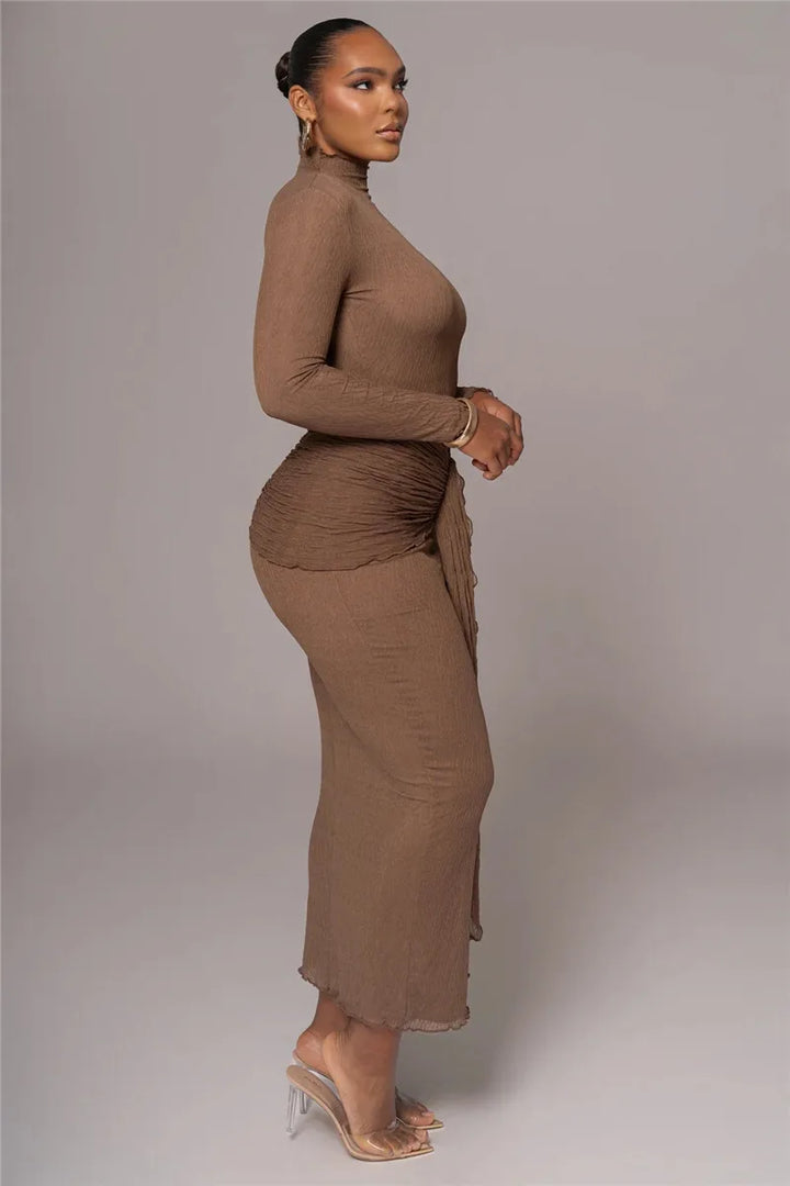 Maxi dress with ruching, tie decoration, and turtleneck collar - Halsey